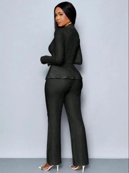 Women's Solid-Color Elegant V-Neck Long-Sleeve and Wide-Leg Pants Set