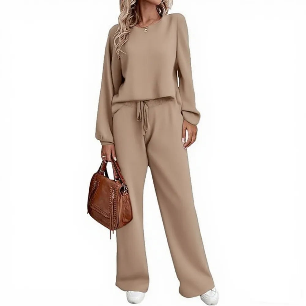 Women's two-piece set long sleeved pullover top with pockets wide leg pants casual set Pajama Loungewear Nightwear