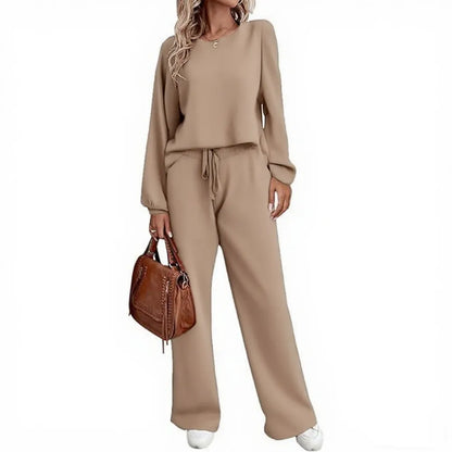 Women's two-piece set long sleeved pullover top with pockets wide leg pants casual set Pajama Loungewear Nightwear