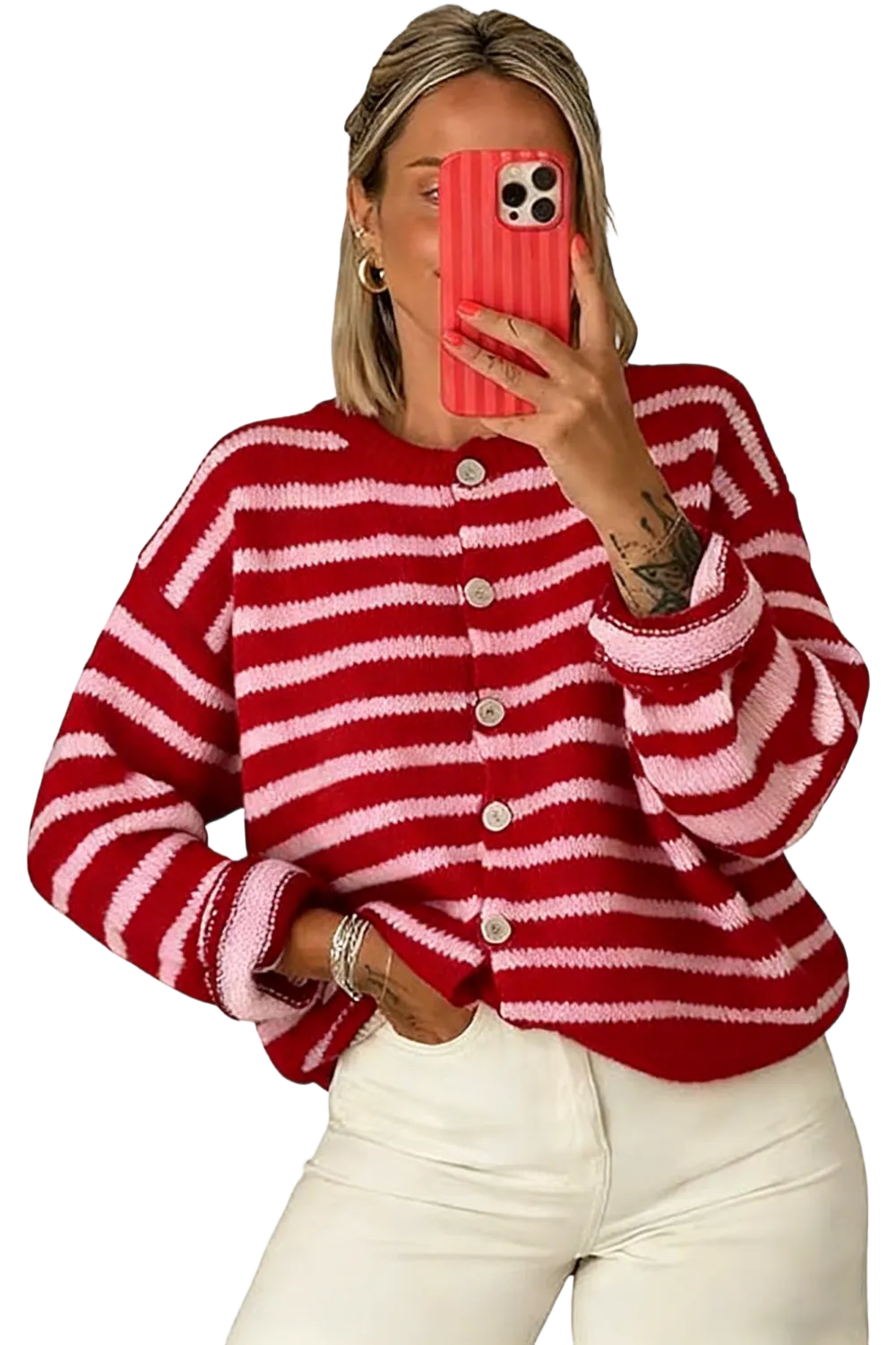 Women's striped button-up cardigan sweater