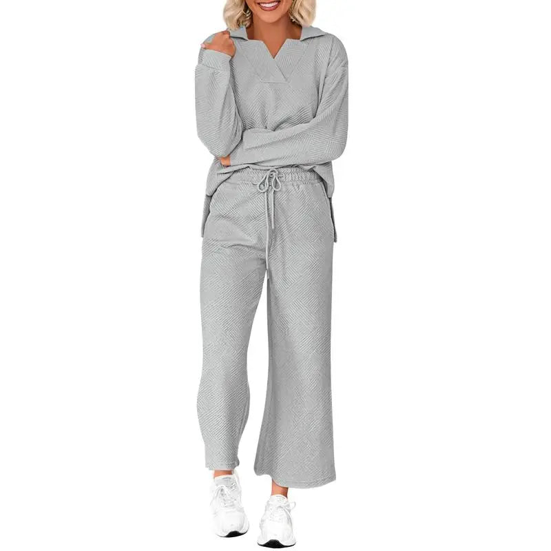 Women 2-Piece Outfit 2025 Fall Winter Lapel V Neck Long Sleeve Pullover and Wide Leg Pants Lounge Sets Pockets