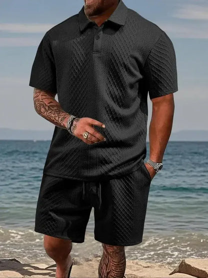 Men's Solid Polo & Drawstring Shorts Set Cozy, Breathable for Daily/Beach, Summer Casual