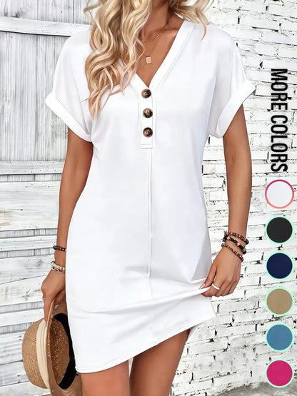Women's Plain Button V Neck Tee Dress