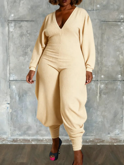 Women's Plain Bishop Sleeve Deep V Neck Jumpsuit