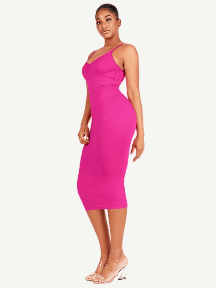 Seamless Spaghetti Strap V Neck Maxi Dress with Built-in Bodycon