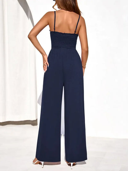 Jumpsuits for Women Summer Sleeveless Smocked Button Wide Leg Rompers