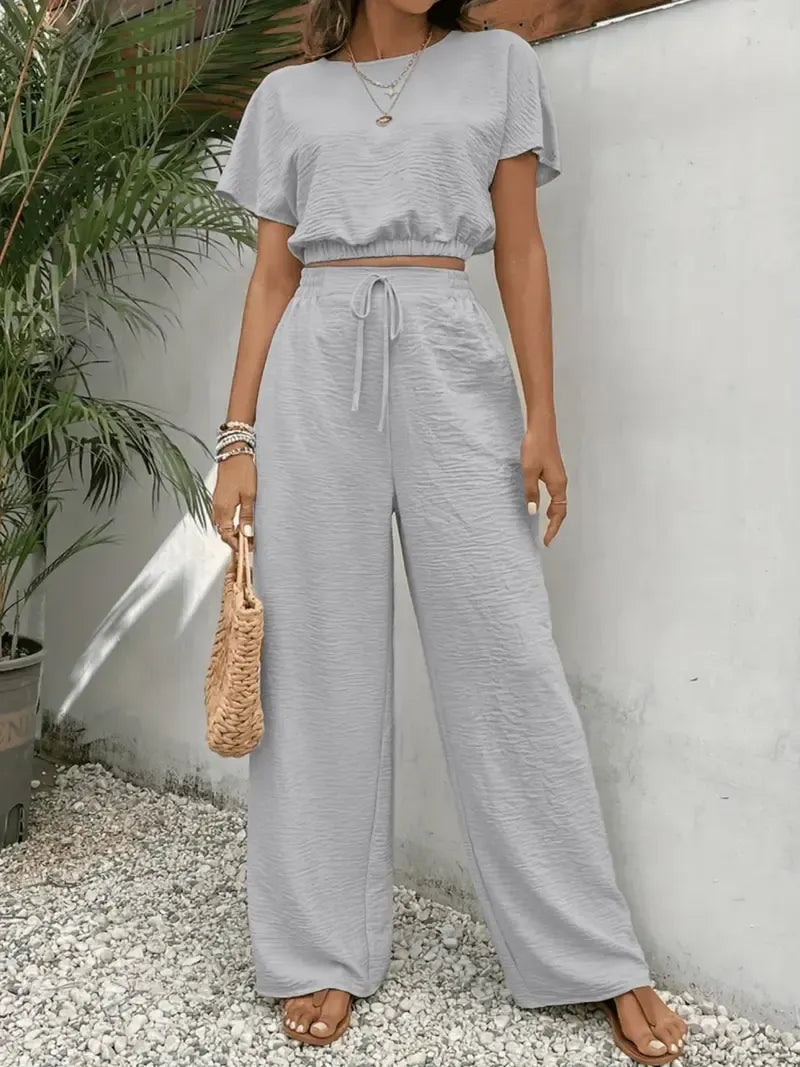 Women's Solid Color Fitted Top & Wide Leg Pants Two-piece Set