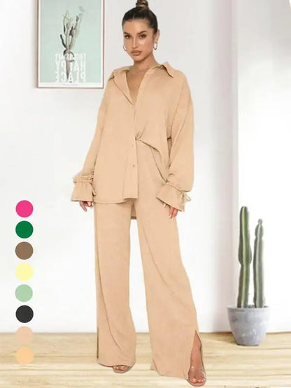 Women's Solid Button Front Shirt & Split Hem Pants Set