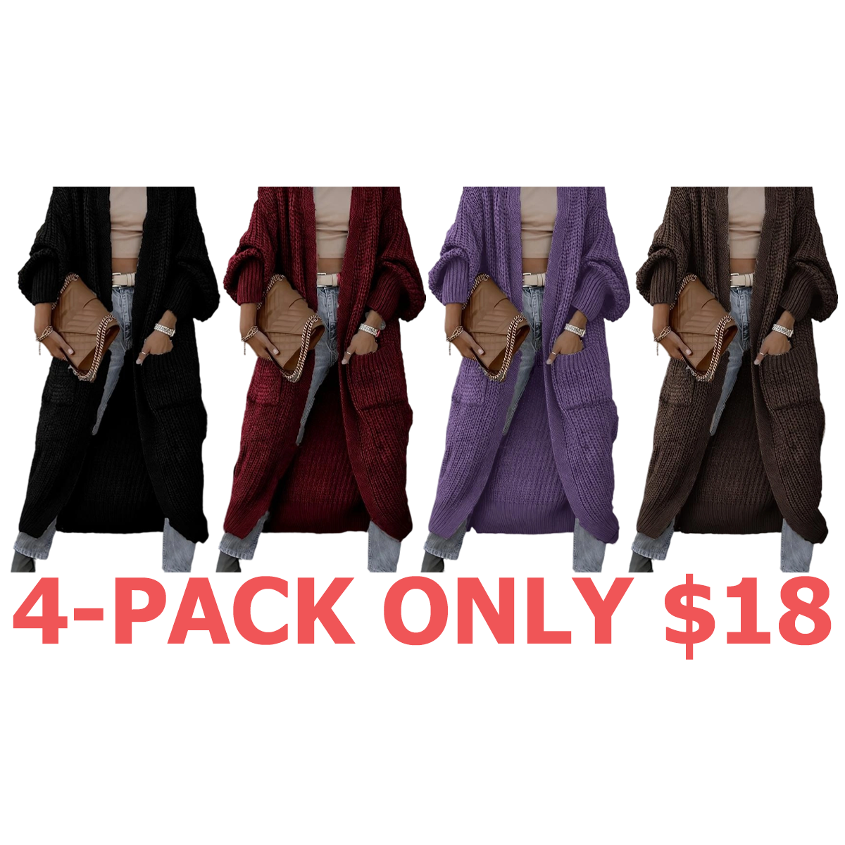 Women's Solid Drop Shoulder Long Cardigan, Casual Pocket Long Sleeve Cardigan,Sweaters for Women