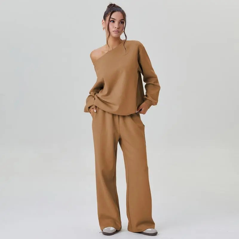 Women's Leisure Solid Color Sloping Shoulder Long Sleeve Top & Wide Leg Trousers Co-ord