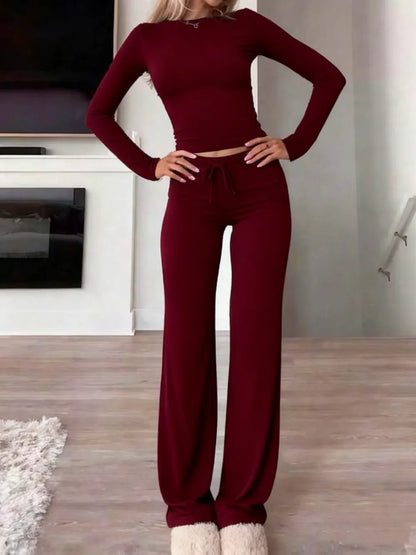 Women's Solid Long Sleeve Crop Top & Drawstring Waist Straight Leg Pants Loungewear Set