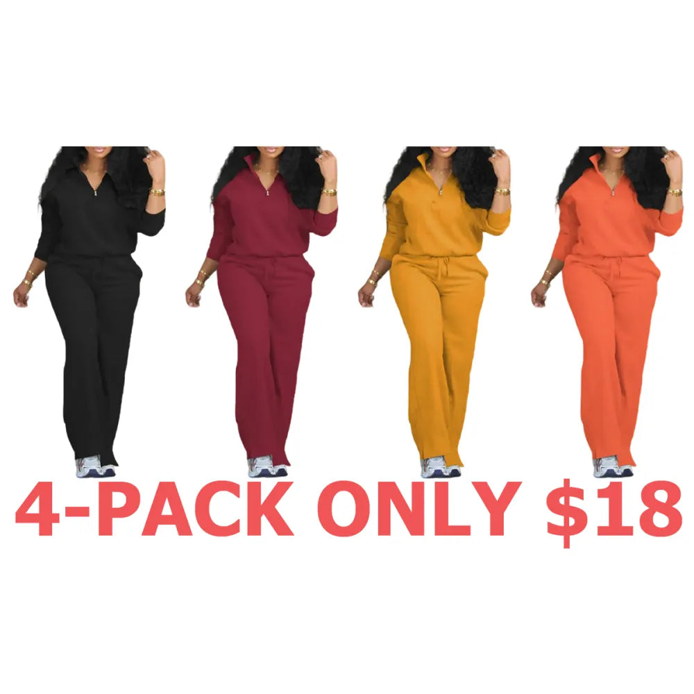 Women's Solid Casual Long Sleeve Top & Pocket Wide Leg
