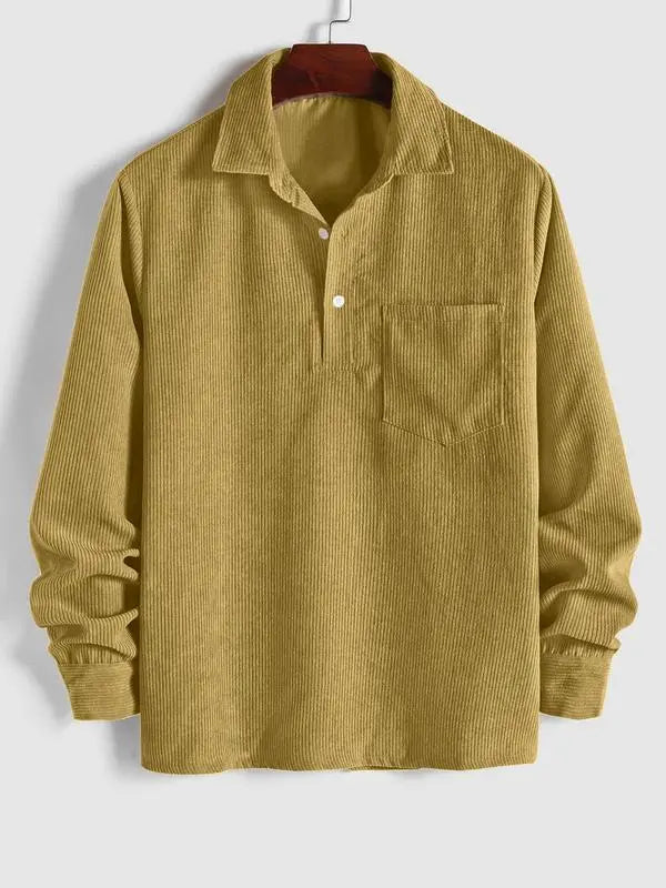 Men's Plain Pocket Half Button Corduroy Shirt