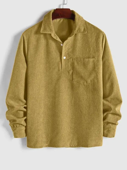 Men's Plain Pocket Half Button Corduroy Shirt