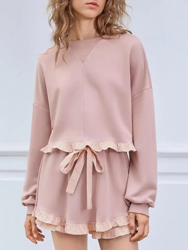 Women's 2 Piece Lounge Sets Ruffle Color Block Cropped Sweatshirts Casual Drawstring Shorts Fall Loose Sweatsuits
