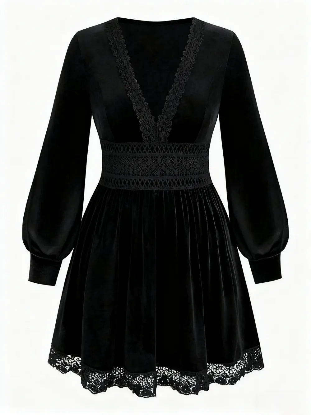 Velvet Lace Patchwork Lantern Sleeve Long Dress