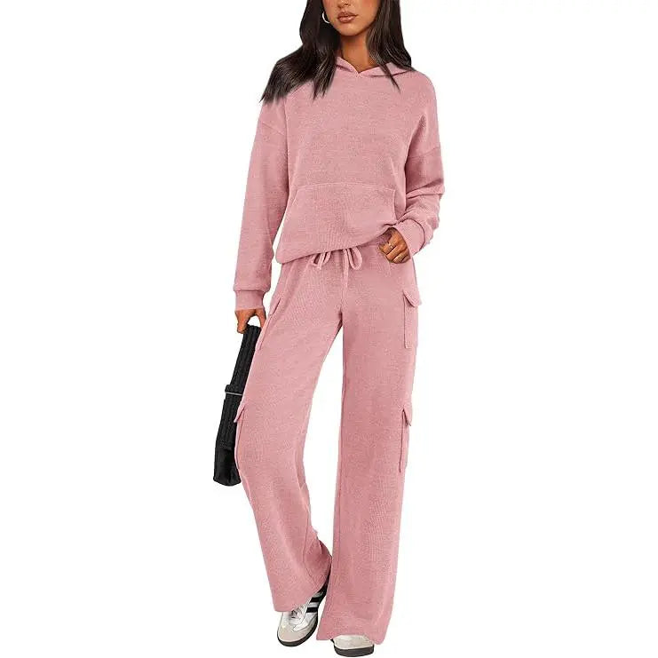 Womens Fall Outfit 2-Piece Knitted Sets Hoodie Tracksuits Wide Leg Pants With Pocket And DrawString Long Sleeve Hooded Kangoroo Pocket Tops Knitwear Sporty Loungwear, Womenswear Travel Outfit
