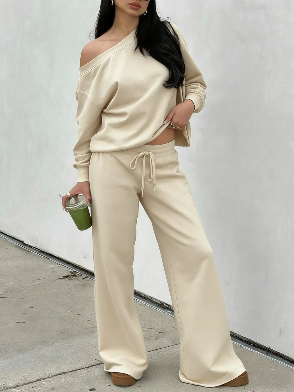 Women Off the Shoulder Long Sleeve Jumper & Pants 2 Piece Set Casual Fall Sweatsuit Outfits Jumper Suit