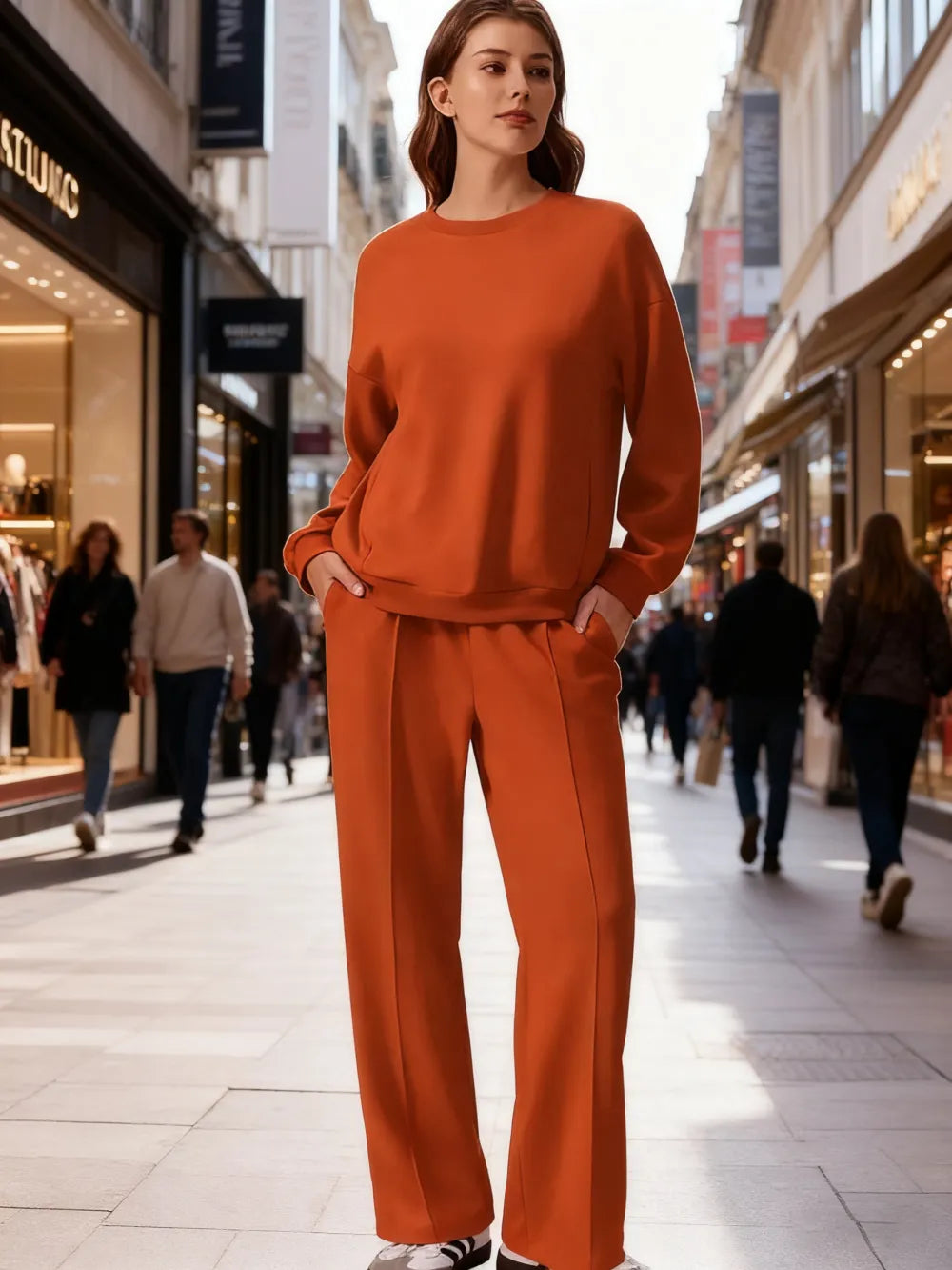 2-Piece Long Sleeve Sweatshirt Drawstring Straight Leg Pants