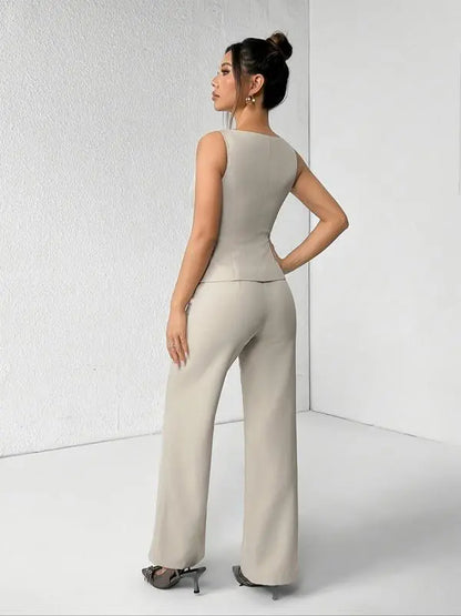 Women's Solid Button Front Tank Top & Wide Leg Pants Set