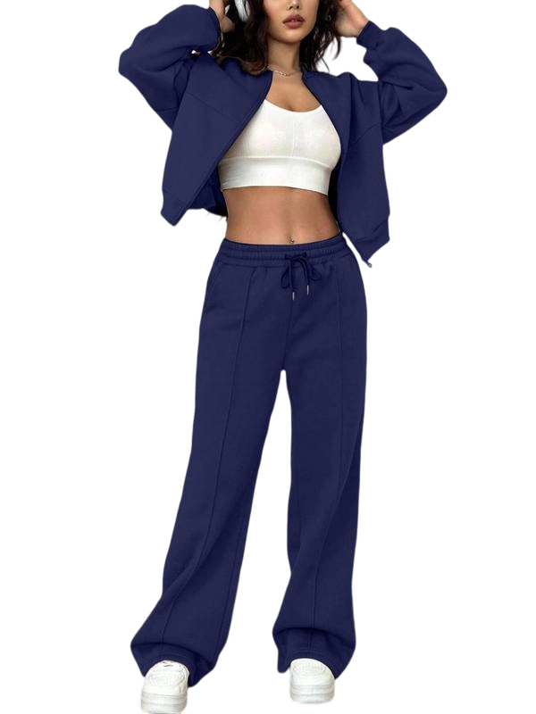 Two-piece Set Women's Solid Zip Up Drop Shoulder Jacket & Pocket Elastic Waist Pants