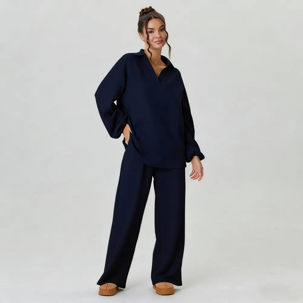 Women's Slouchy Solid Color V-Neck Loose Textured Pullover & Drawstring Waist Trousers Co-ord