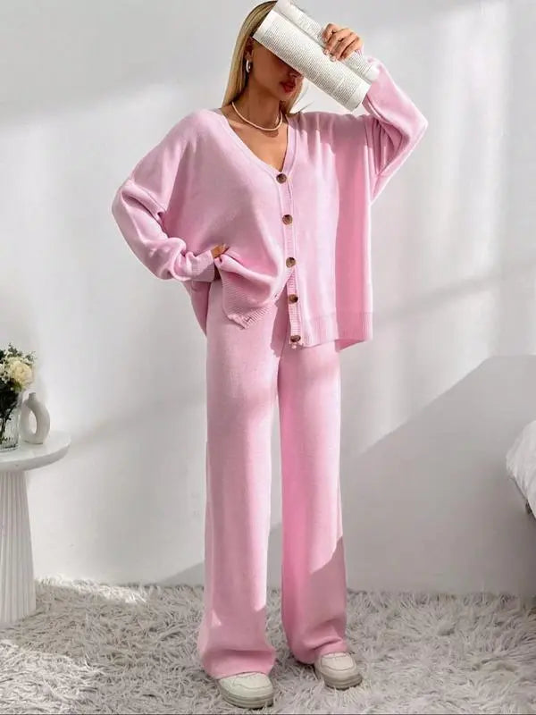 Women's Solid Button Front Drop Shoulder V Neck Cardigan & Elastic Waist Wide Leg