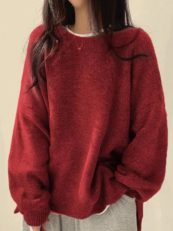 Women's Drop Shoulder Split Hem Sweater, Chic Casual Long Sleeve Round Neck Jumper