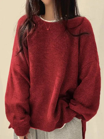 Women's Drop Shoulder Split Hem Sweater, Chic Casual Long Sleeve Round Neck Jumper