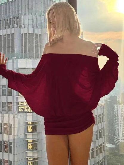Women's Sheer Ruched Party Dress, Off-The-Shoulder Long Sleeve Women's Mini Dress for Spring & Fall