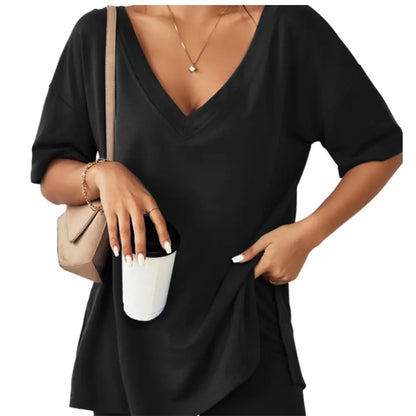 Women's Two-Piece Pajama Set Casual Oversized V Neck Split Hem