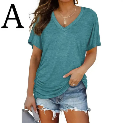 Womens Short Sleeve V Neck Dolman Tops with Side Shirring