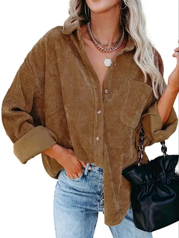 Women's Plain Pocket Button Front Corduroy Shirt