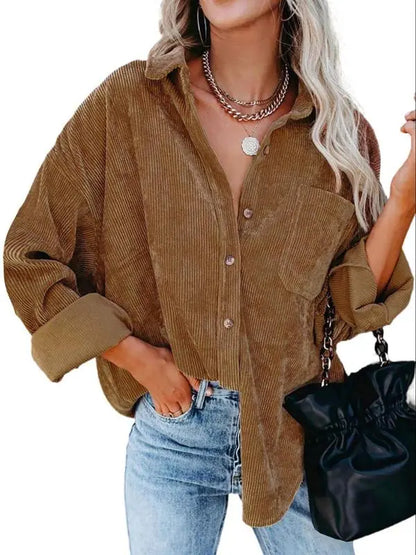 Women's Plain Pocket Button Front Corduroy Shirt
