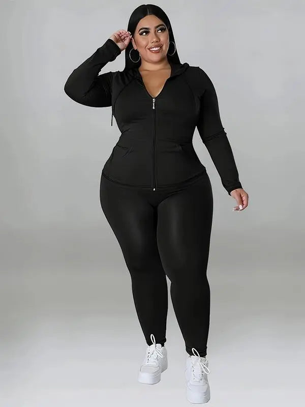 Women's Solid Color Hoodie Long Sleeve Top and Pants Sports Set