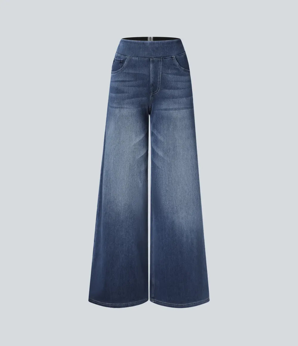 💝Last Day Promotion⚡High Waisted Multiple Pockets Baggy Wide Leg Washed Stretchy Knit Casual Jeans