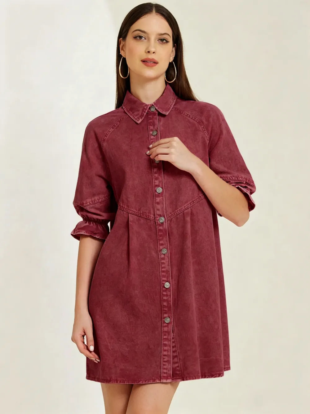 3/4 Lantern Sleeve Babydoll Mini Jean Denim Shirt Dress
