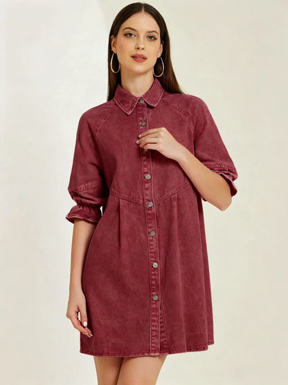 3/4 Lantern Sleeve Babydoll Mini Jean Denim Shirt Dress
