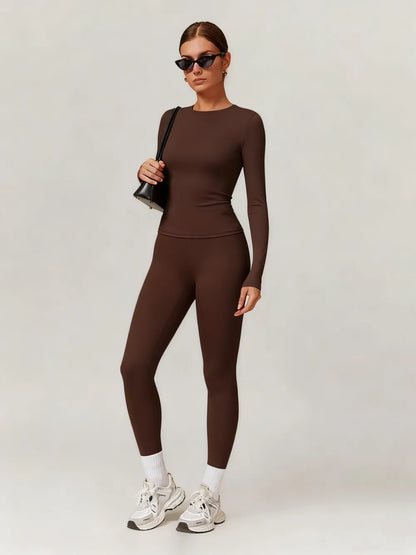 Women's Solid Long Sleeve Skinny & High Waist Leggings Tracksuit Set