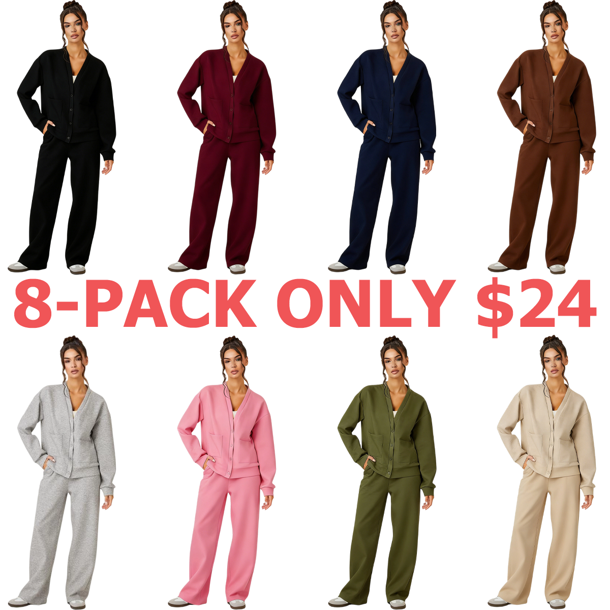 Women's Slouchy Solid Color V Neck Long Sleeve Button Cardigan & Drawstring Waist Trousers Co-ord