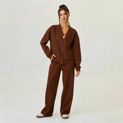 Women's Slouchy Solid Color V Neck Long Sleeve Button Cardigan & Drawstring Waist Trousers Co-ord