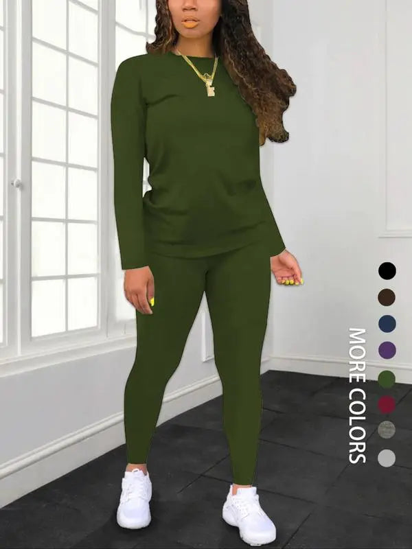 Women's Minimalist Chic Solid Long Sleeve & Elastic Waist Pants Set