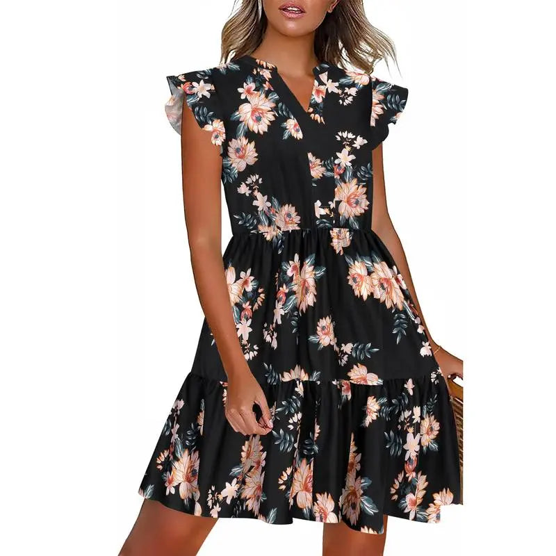 Women's Floral Printed Ruffle Sleeve Tiered Mini Dress