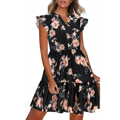 Women's Floral Printed Ruffle Sleeve Tiered Mini Dress