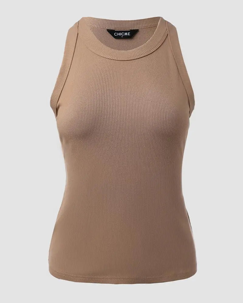 O-Neck Knit Sleeveless Basic Slim Fit Tummy Control Tank Casual Top(Without Pads)