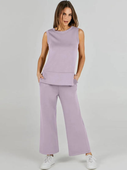 Women's 2 Piece Sets Summer Outfits Sleeveless Wide Leg Tracksuits Casual Sweat Sets Lounge Sweatsuits