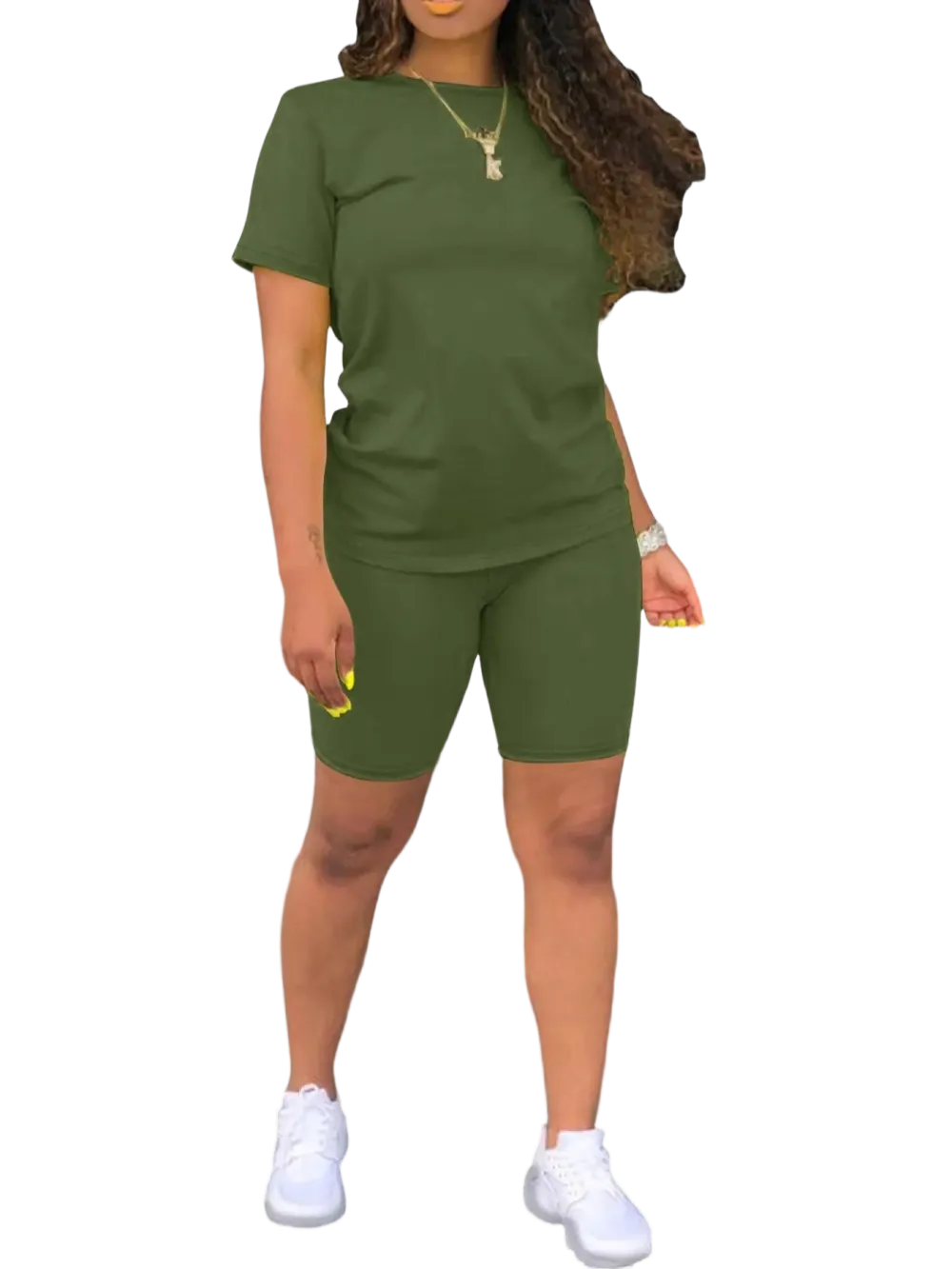 Women's 2-Piece Plain Set: Fitted Crew Neck Tee & Skinny Shorts, Casual Summer Outdoor Outfit