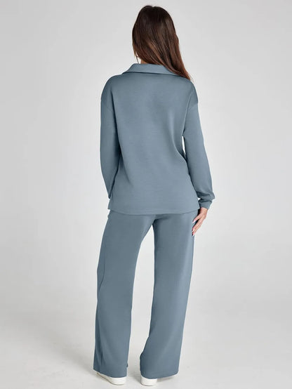 Women's 2 Piece Sets Outfits Casual Long Sleeve Sweatsuits Polo Top and Wide Leg Pants Matching Sets