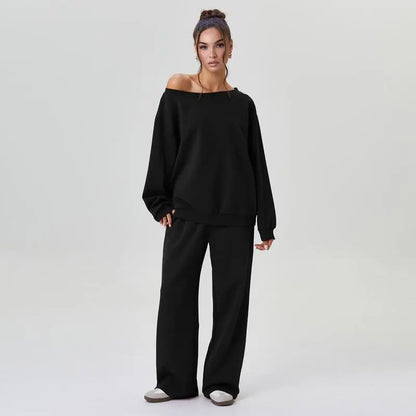 Women's Leisure Solid Color Sloping Shoulder Long Sleeve Top & Wide-Leg Trousers Set