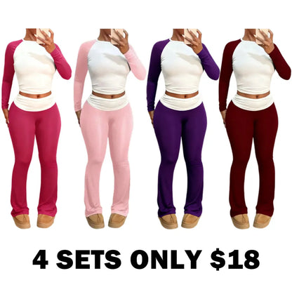 Round Neck Long Sleeve Color Block T-Shirt with Ruffled Flare Pants Set